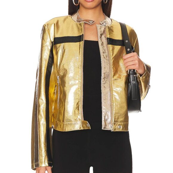 REVOLVE x We The Free FAST LANE METALLIC Faux Leather Jacket in Gold Combo - Picture 1 of 7